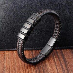 Men’s Braided Leather Bracelet Magnetic Titanium Steel Clasp Handmade Bangle